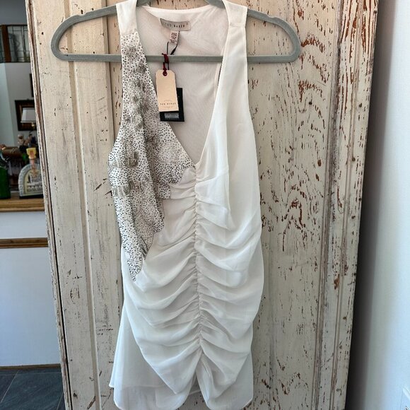 Ted Baker White One-Shoulder Ruched Cocktail Dress with Beaded Sequin NWT - Picture 1 of 4